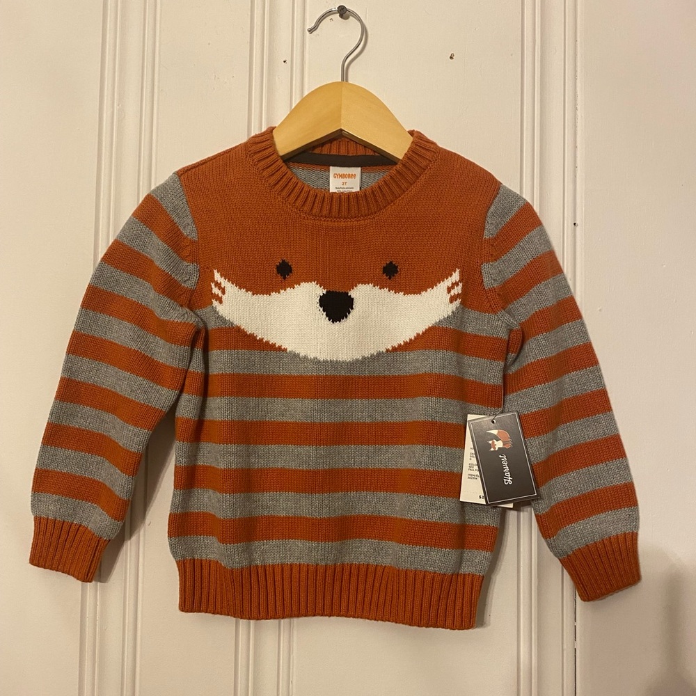 NWT Gymboree cotton crewneck 2T orange/ grey striped Fox sweater